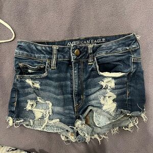 American Eagle Outfitters Frayed Dark Blue Distressed Denim Shorts